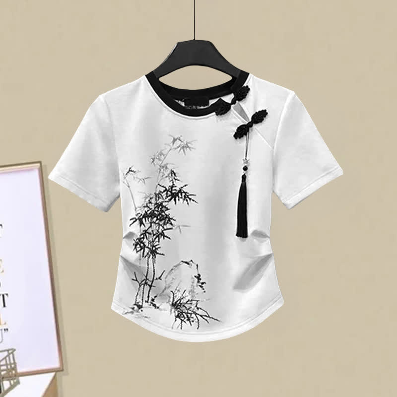 Tassels Vintage Waist Print T-Shirt High Bamboo Skirt Pleated