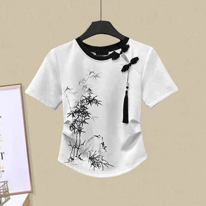 Tassels Vintage Waist Print T-Shirt High Bamboo Skirt Pleated