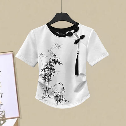 Tassels Vintage Waist Print T-Shirt High Bamboo Skirt Pleated