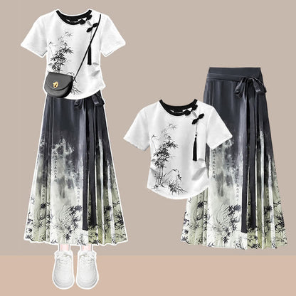 Tassels Vintage Waist Print T-Shirt High Bamboo Skirt Pleated