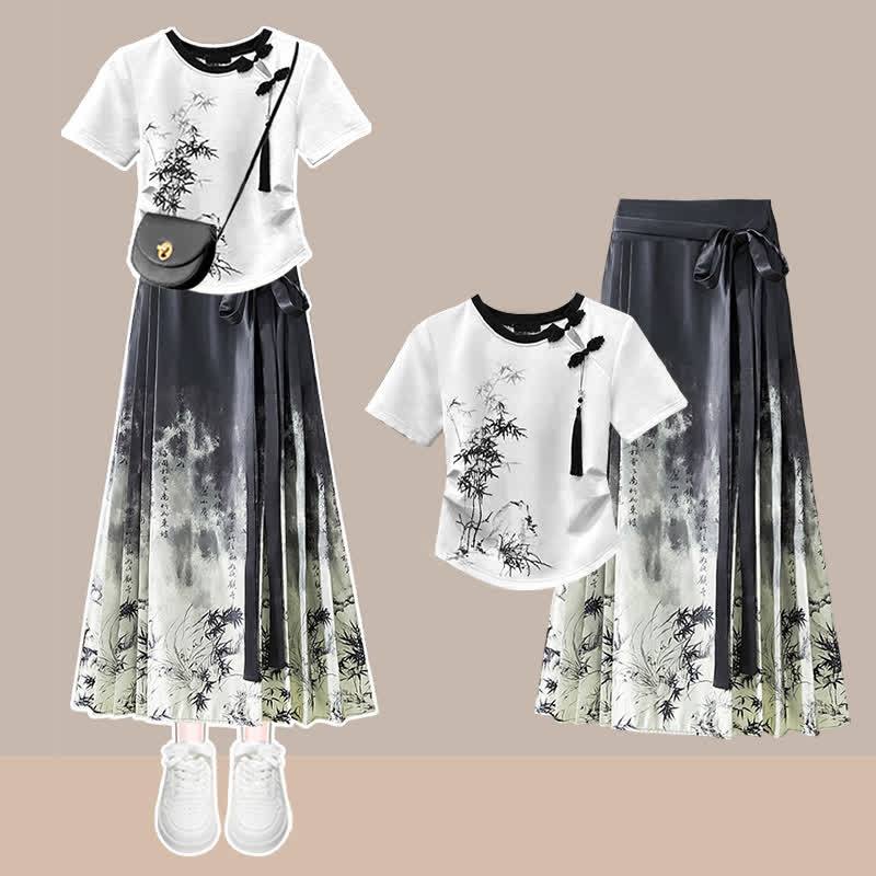 Tassels Vintage Waist Print T-Shirt High Bamboo Skirt Pleated