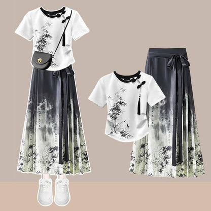 Tassels Vintage Waist Print T-Shirt High Bamboo Skirt Pleated