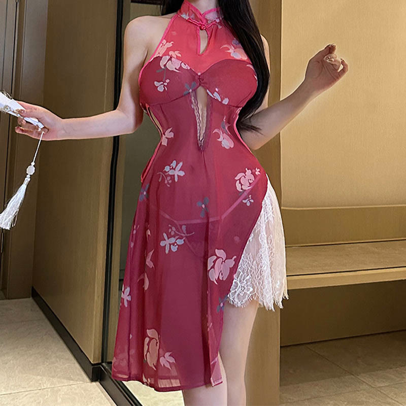 Sexy Floral Print Hollow Lace Slit Lingerie Dress