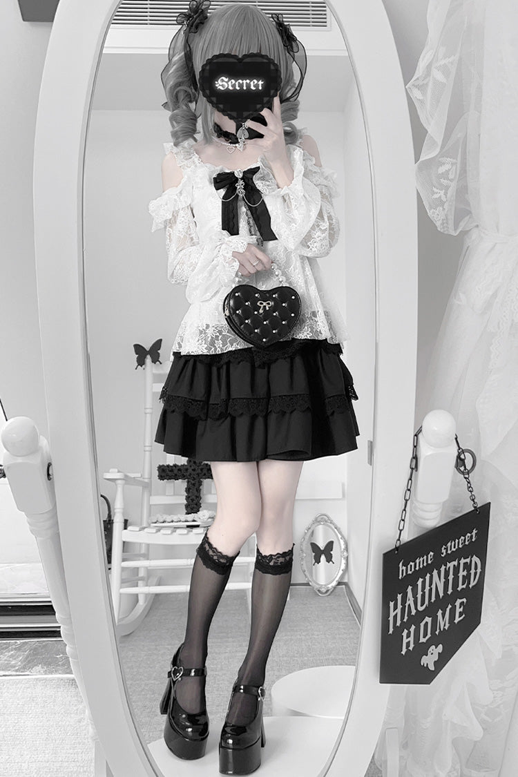 Black Triple-Layer Ruffle Lace Japanese Skirt