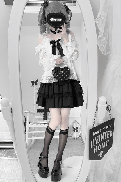 Black Triple-Layer Ruffle Lace Japanese Skirt
