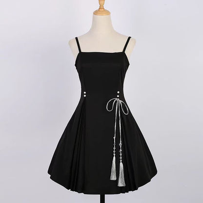 3D Butterfly Pearl Slip Top Dress Lace-up Decor