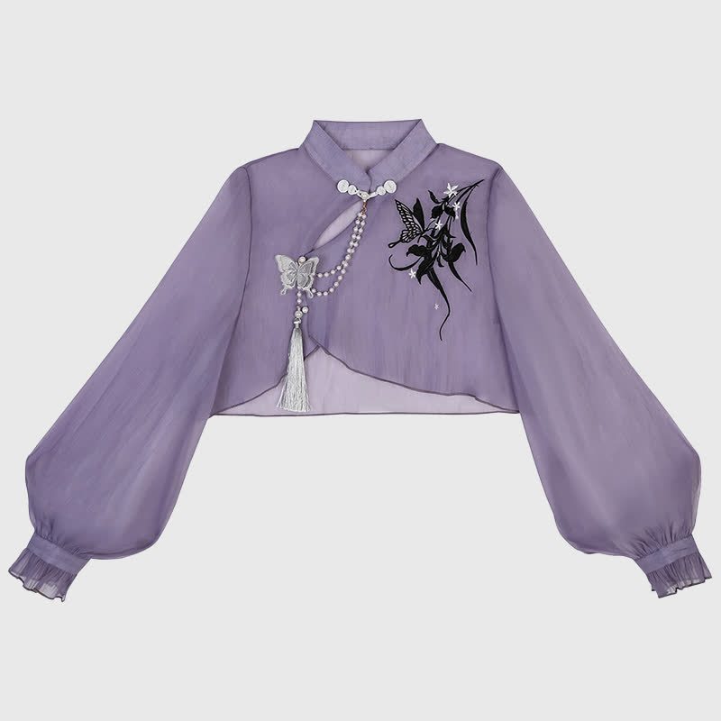 3D Butterfly Pearl Slip Top Dress Lace-up Decor