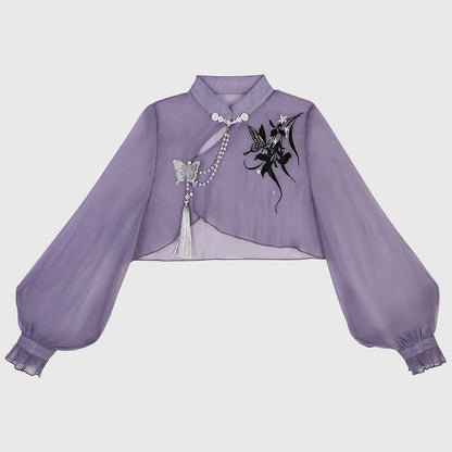 3D Butterfly Pearl Slip Top Dress Lace-up Decor