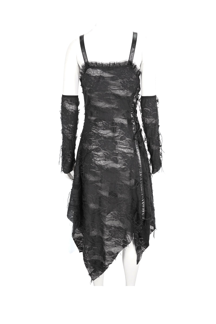 Asymmetric Strap Gothic Slip Dress with Lace Detail - NoirEdge