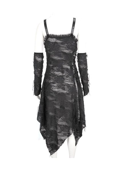 Asymmetric Strap Gothic Slip Dress with Lace Detail - NoirEdge