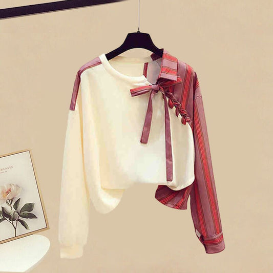 Vintage Stripe Top Pieces Denim Lace-up Block Two Pants Color