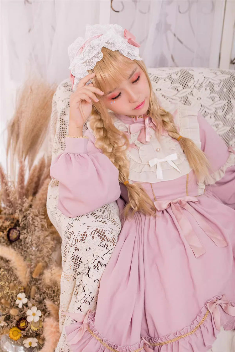 Pink Long Sleeves Ruffle Bow Daily Sweet Princess Lolita Dress