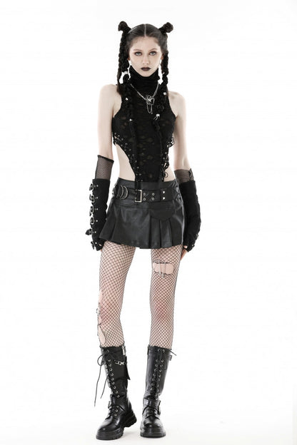 Pleated Punk Mini Skirt with Metal Belt Buckle in Black Faux Leather