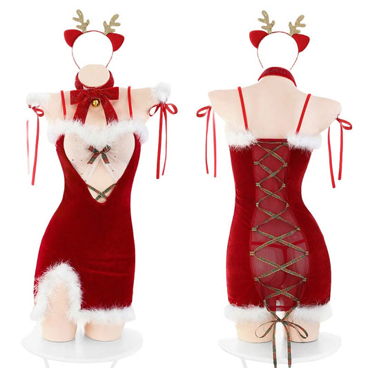 Sexy Christmas Hollow Out See-through Lingerie Dress Set