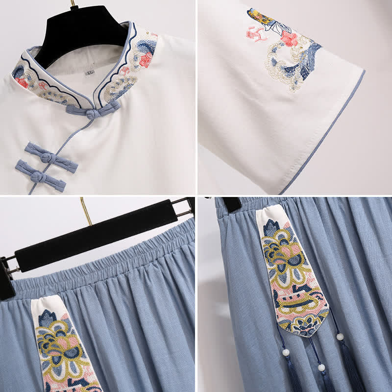 Vintage Buckle White Tassel Hanfu Shirt Skirt