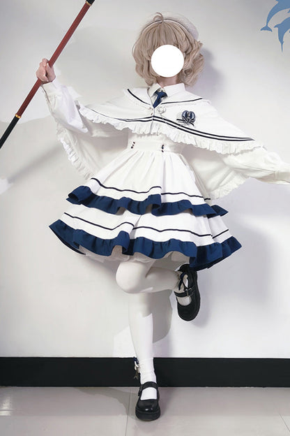 White Long Sleeve Double-Layer Ruffle Sweet College Lolita Dress