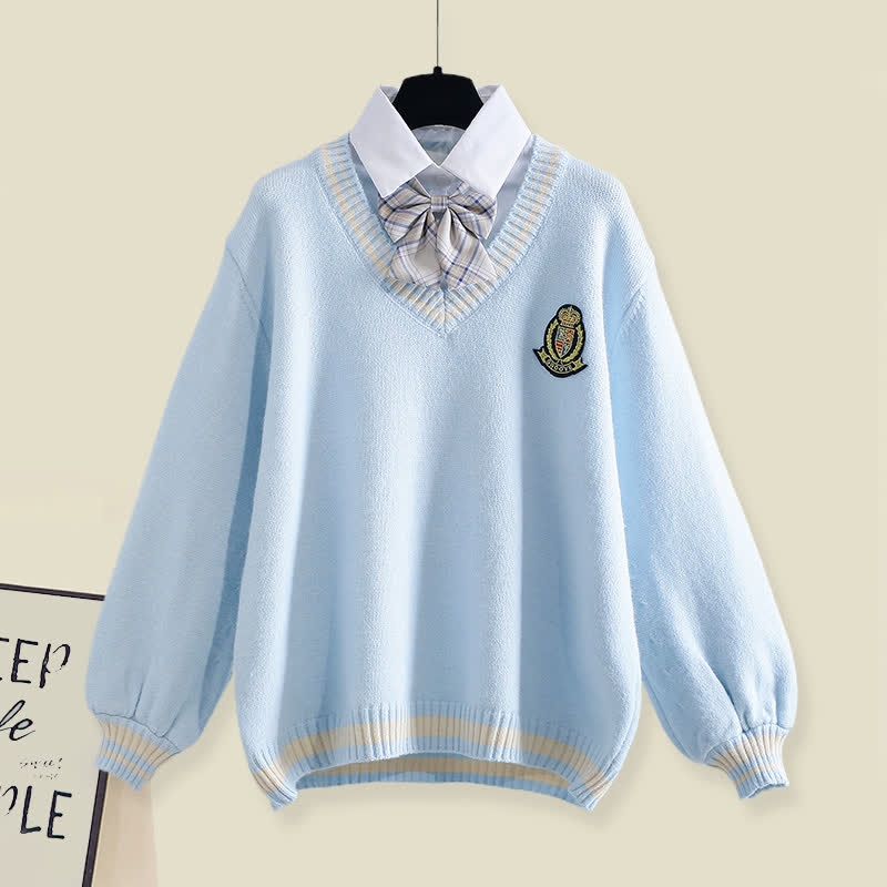 Sweater Pleated Decor Bow Pieces Plush Skirt Two Pants Fake