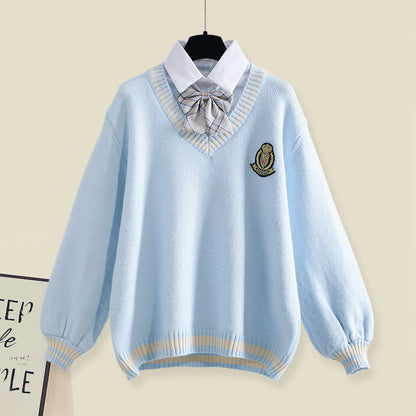 Sweater Pleated Decor Bow Pieces Plush Skirt Two Pants Fake