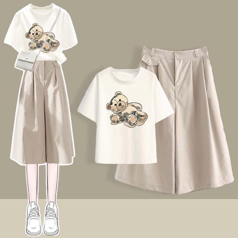 Pieces Casual Printed T-Shirt Set Collar Leg Pants Wide Chic Two Round