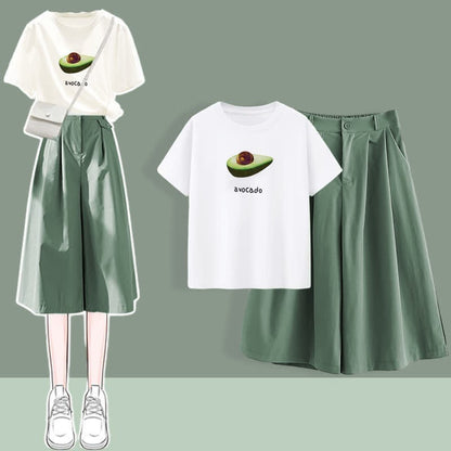 Pieces Casual Printed T-Shirt Set Collar Leg Pants Wide Chic Two Round