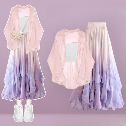 Pieces Top Skirt Crop Gradient Tulle Set Three Cardigan