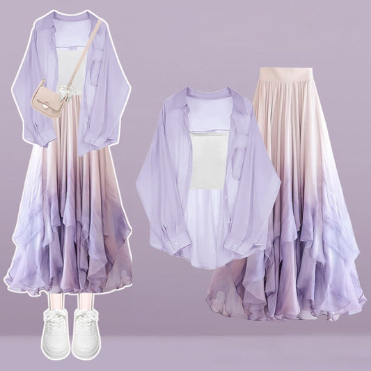 Pieces Top Skirt Crop Gradient Tulle Set Three Cardigan