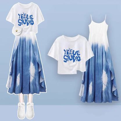 Out Slip Dress Cardigan Two Set Color Pieces Block Gradient Hollow