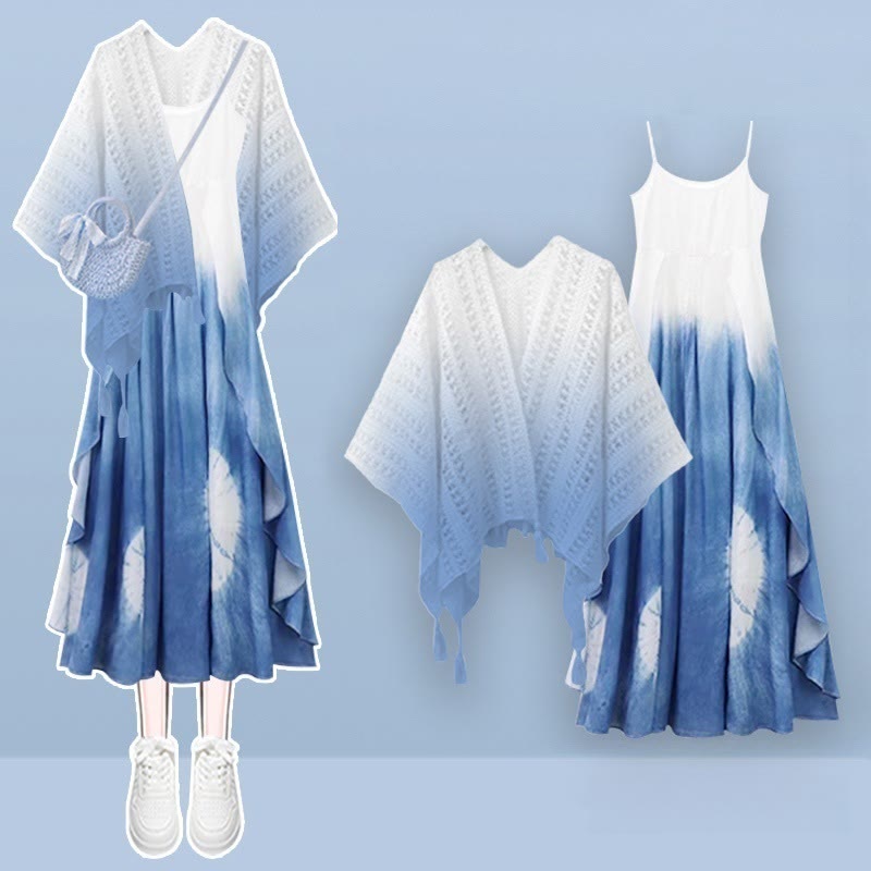 Out Slip Dress Cardigan Two Set Color Pieces Block Gradient Hollow