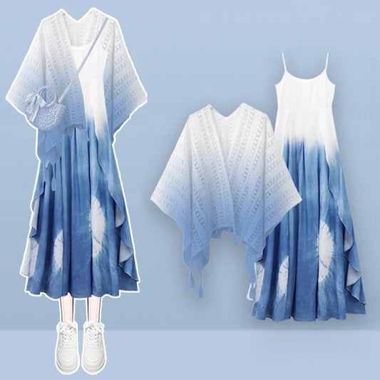 Out Slip Dress Cardigan Two Set Color Pieces Block Gradient Hollow