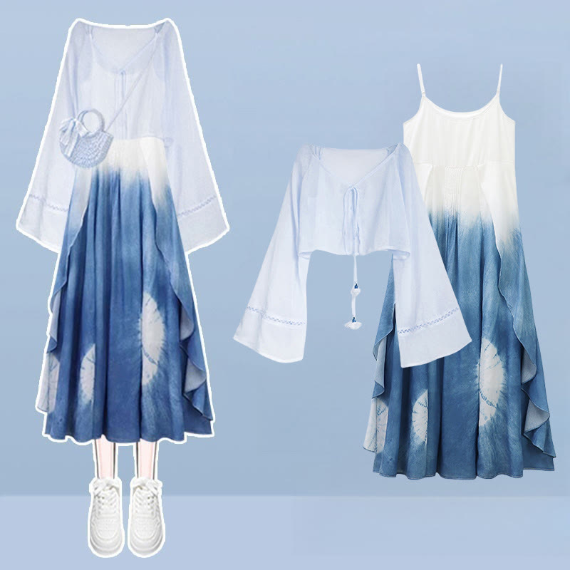 Out Slip Dress Cardigan Two Set Color Pieces Block Gradient Hollow