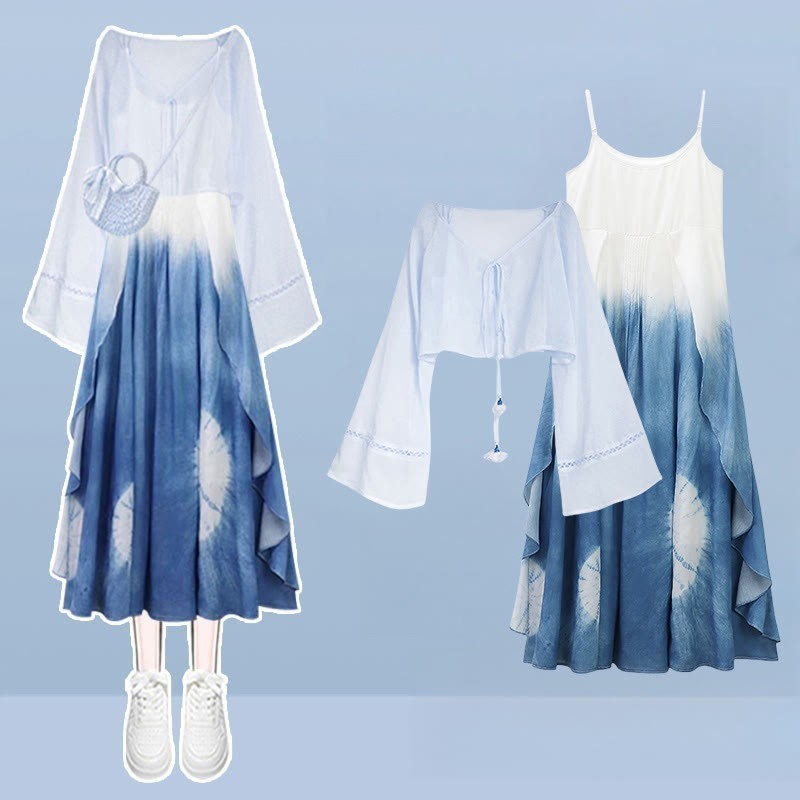 Out Slip Dress Cardigan Two Set Color Pieces Block Gradient Hollow