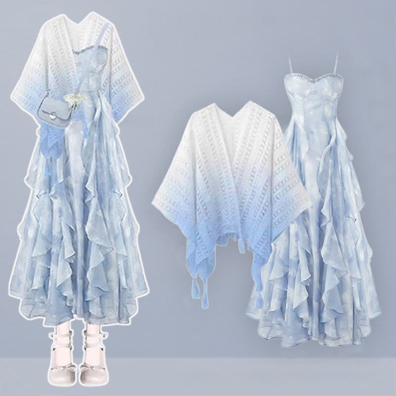 Dress Slip Pieces Gradient Two Set Flounce Cardigan