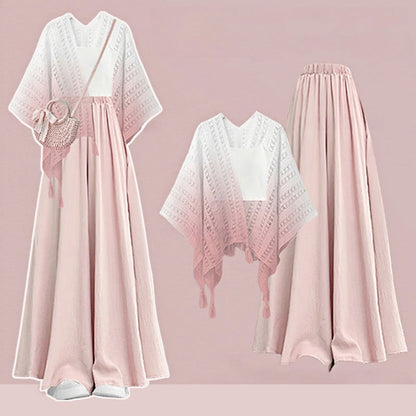 Top Three Gradient Pantskirt Leg Wide Cardigan Pieces Set Crop