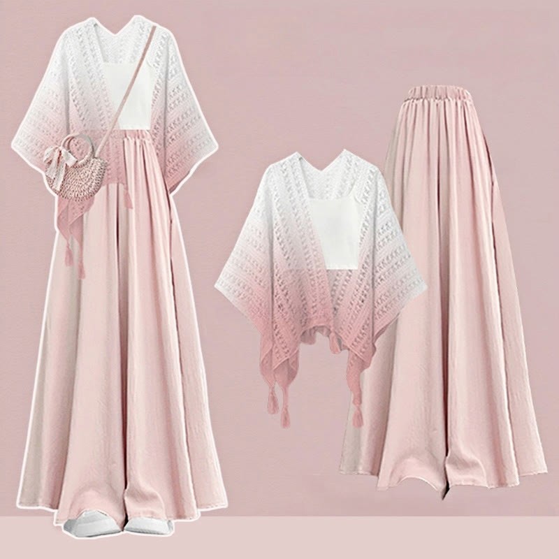 Top Three Gradient Pantskirt Leg Wide Cardigan Pieces Set Crop