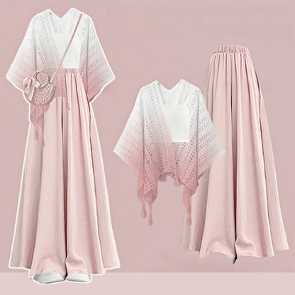 Top Three Gradient Pantskirt Leg Wide Cardigan Pieces Set Crop