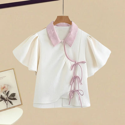 Shorts Set Two Pieces Lace-up Gradient Denim Shirt