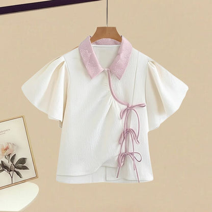 Shorts Set Two Pieces Lace-up Gradient Denim Shirt