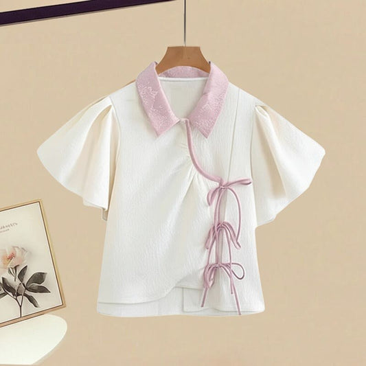 Shorts Set Two Pieces Lace-up Gradient Denim Shirt