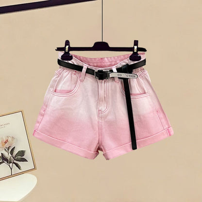 Shorts Set Two Pieces Lace-up Gradient Denim Shirt