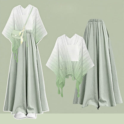 Top Three Gradient Pantskirt Leg Wide Cardigan Pieces Set Crop