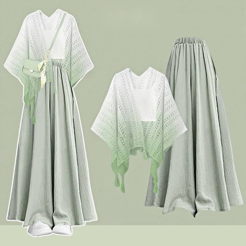 Top Three Gradient Pantskirt Leg Wide Cardigan Pieces Set Crop