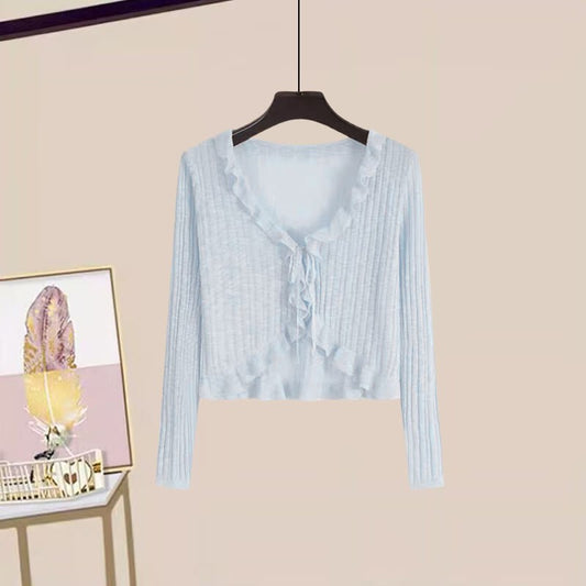 Two Blue Flouncing Slip Pieces Cardigan Dress Lace-up