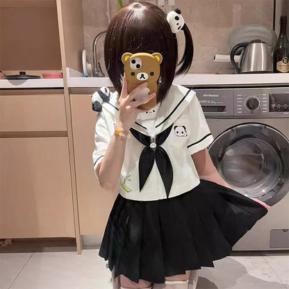 JK Tie Uniform Collar Panda Top Skirt Set Pleated Sailor