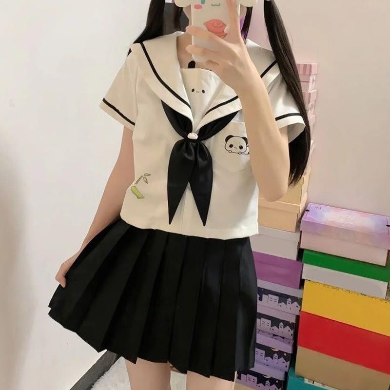 JK Tie Uniform Collar Panda Top Skirt Set Pleated Sailor