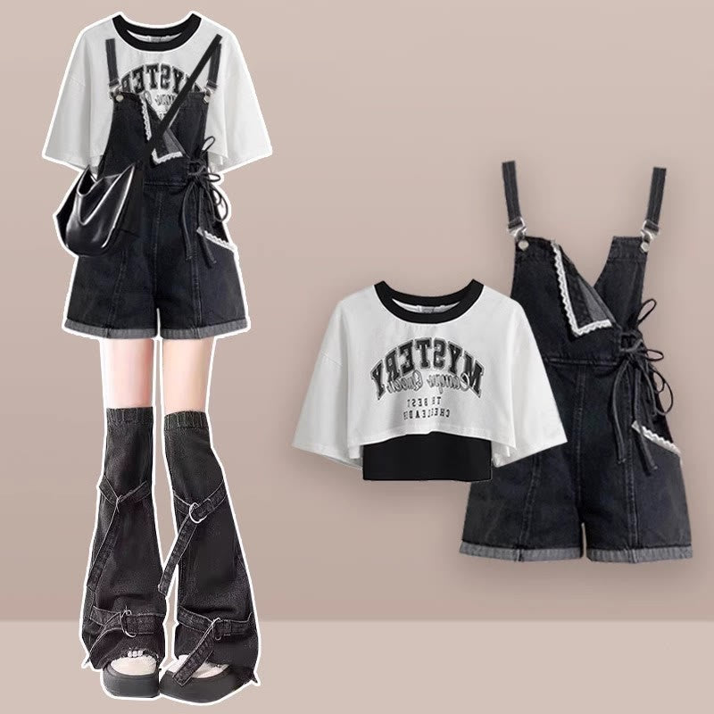 Set Flounce Tie Pieces Shirt Lace-up Overalls Two