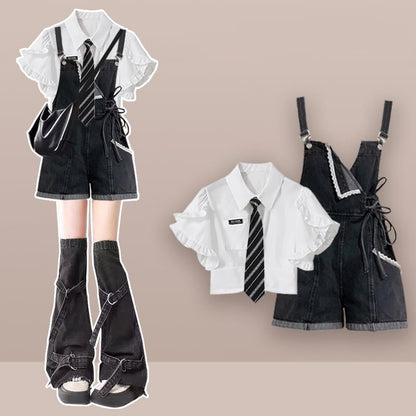 Set Flounce Tie Pieces Shirt Lace-up Overalls Two