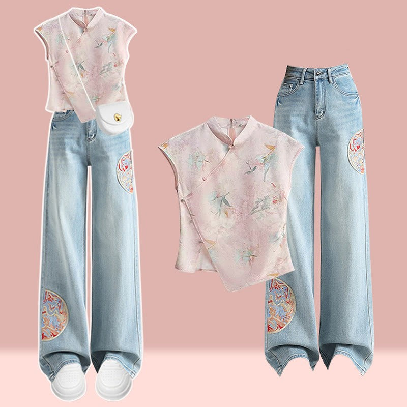 Top Vintage Pieces Embroidery Set Denim Pants Two Buckle