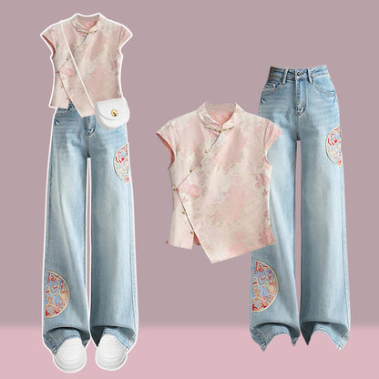 Top Vintage Pieces Embroidery Set Denim Pants Two Buckle