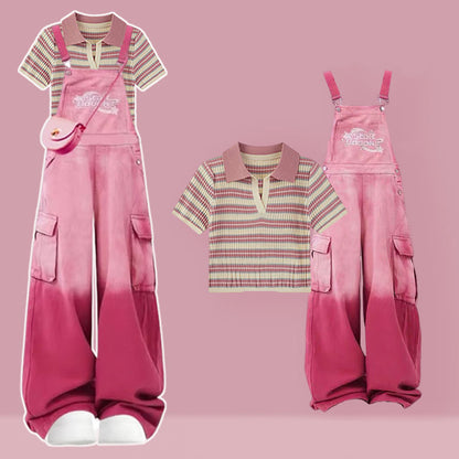 Set Letter Stripe Overalls Top Gradient Two Pieces