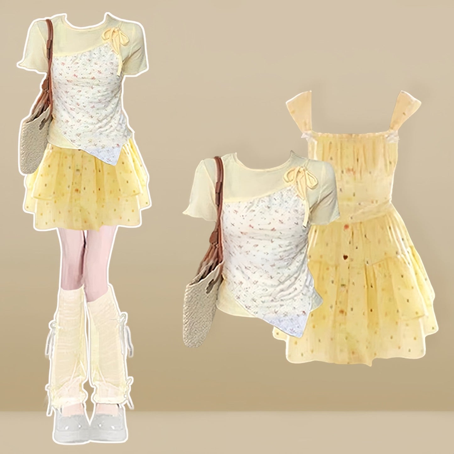 Polka Two-Piece Dress Two Set Fake Dots Top Pieces Slip